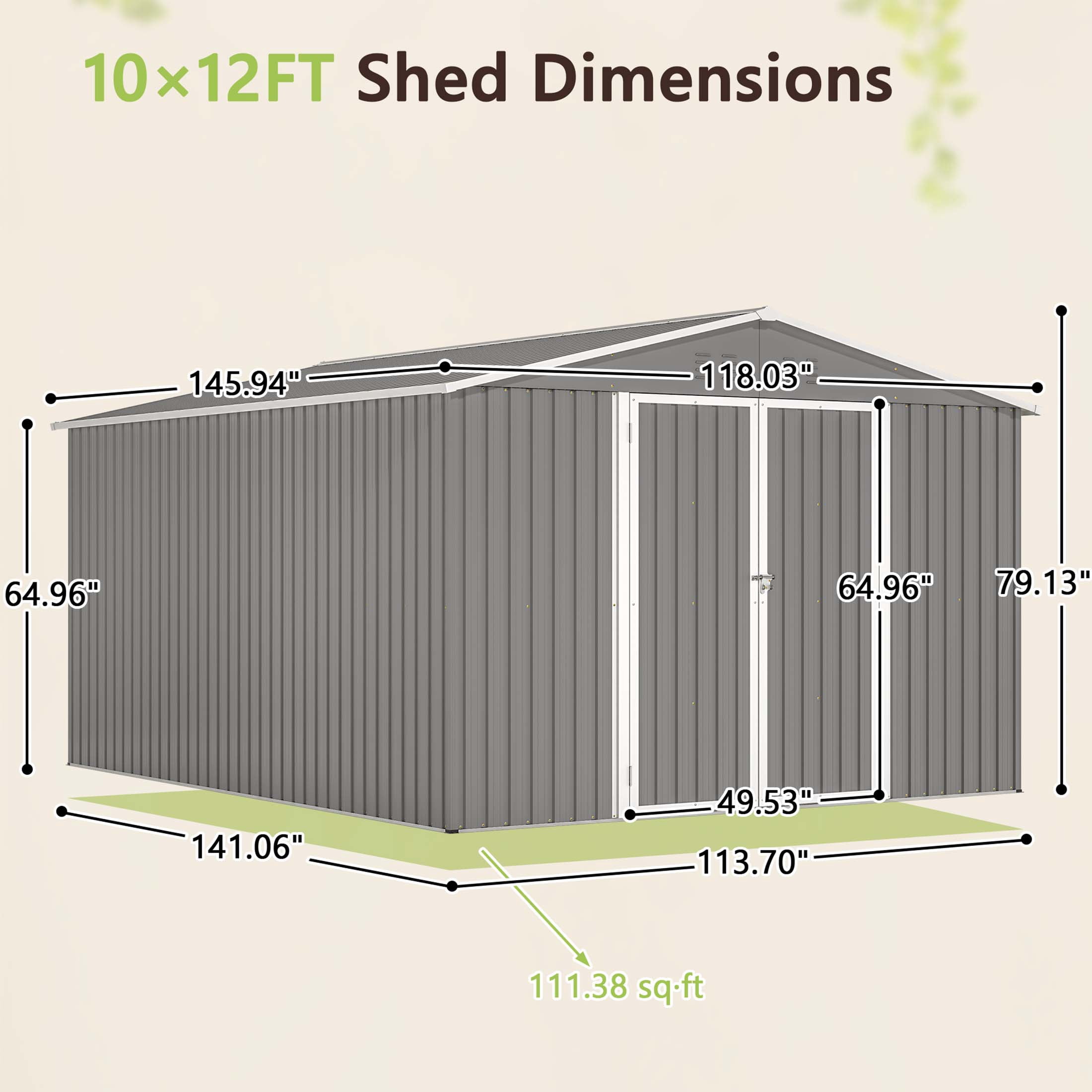 LZBEITEM 10 x 12 ft. Outdoor Storage Shed with Floor Frame Kit, Galvanized Steel Garden Shed, Metal Tool Sheds with Double Lockable Doors for Backyard Patio Lawn, Gray