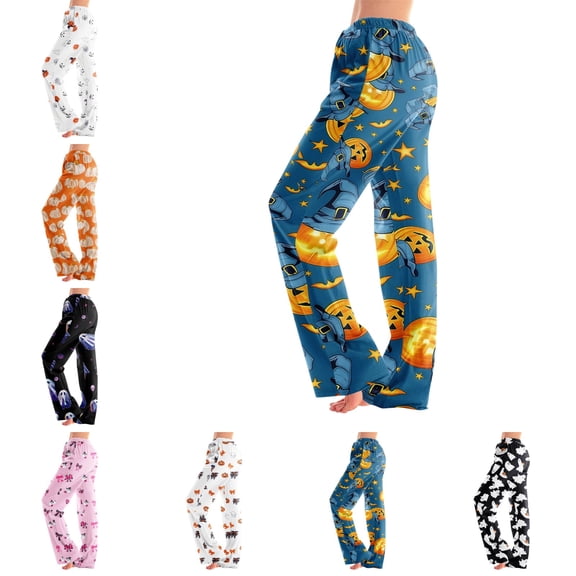 OIOLOYJM Halloween Pajama Pants Women Pumpkin Wide-Leg Cute Sleeping Comfy Pj Bottoms Novelty Stretch Casual Elastic Waist Joggers Blue L
