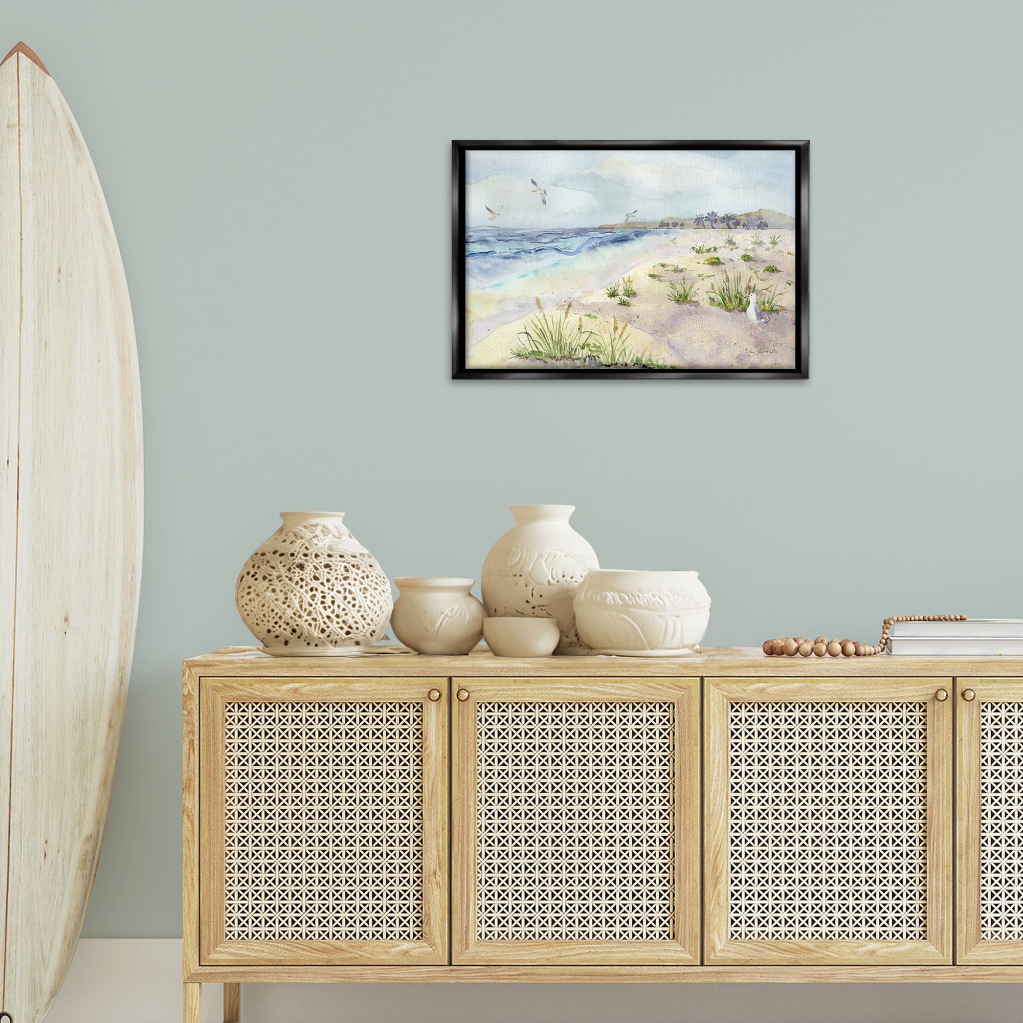 Stupell Industries Seagulls Over Beach Landscape Painting Black Floater Framed Canvas Art Print Wall Art, 25 x 17
