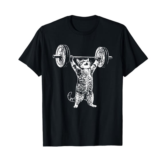 Funny T-shirt featuring a cat weightlifting print; suitable for men and women.