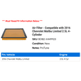 thumbnail image 2 of Air Filter - Compatible with 2016 Chevy Malibu Limited 2.5L 4-Cylinder, 2 of 2