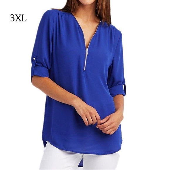 Qarigey - Camisa de manga corta con cuello en V para mujer con cremallera decorativa Prendas para la parte del cuerpo azul 3XL