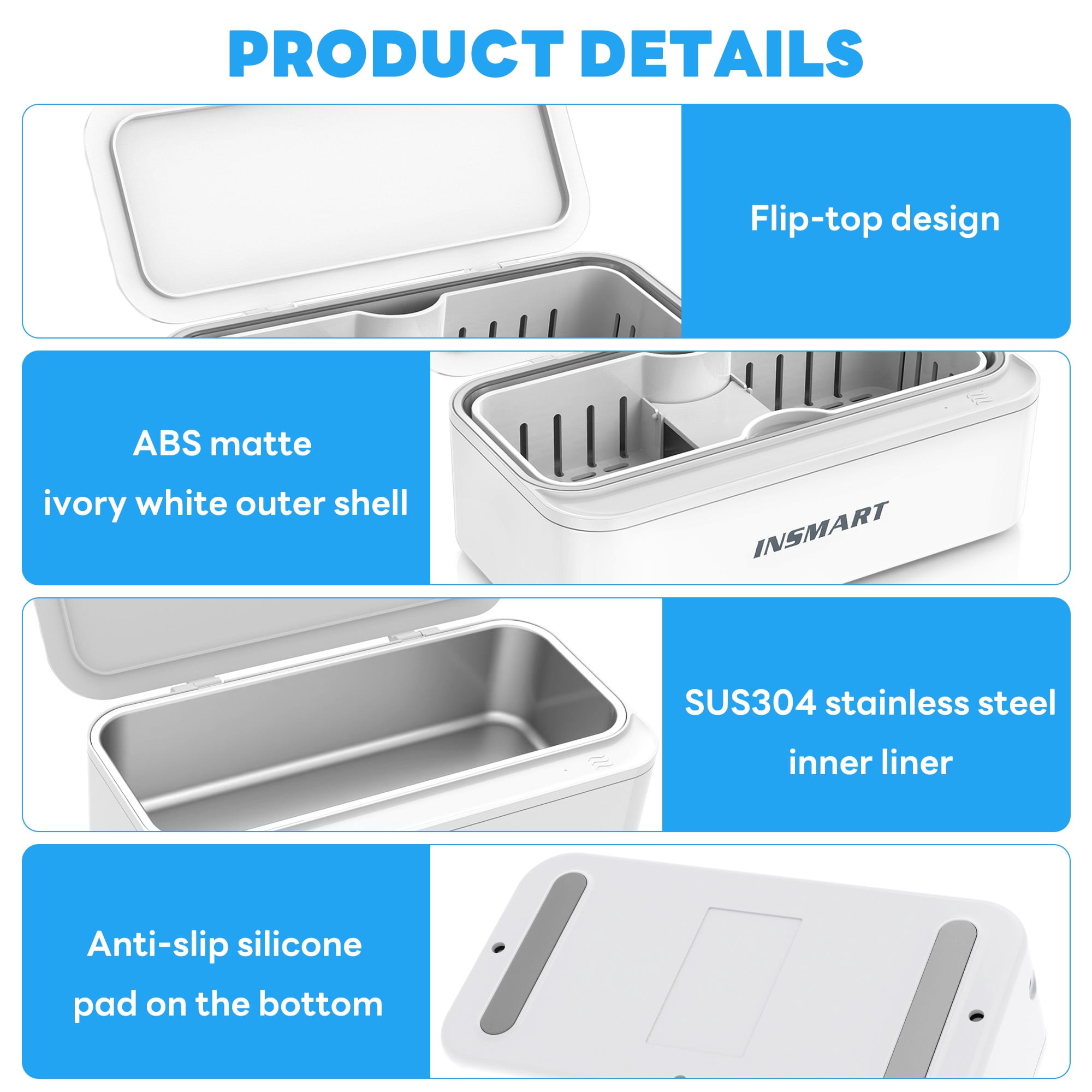 INSMART Ultrasonic Jewelry Cleaner, 45kHz Gentle 360° Cleaning with 450ml Stainless Steel Tank, Quiet & Portable for Jewelry, Glasses, Retainer, Dentures