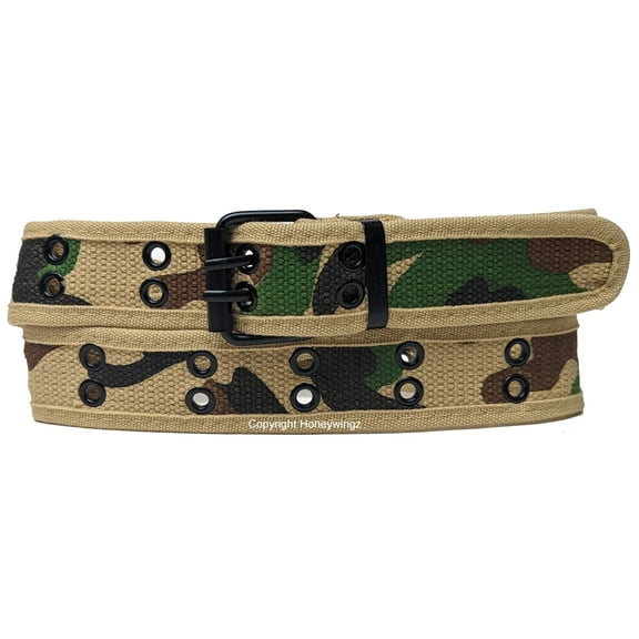 Desert Camouflage 2 Holes Row Metal Grommet Stitched Canvas Fabric Web Belt