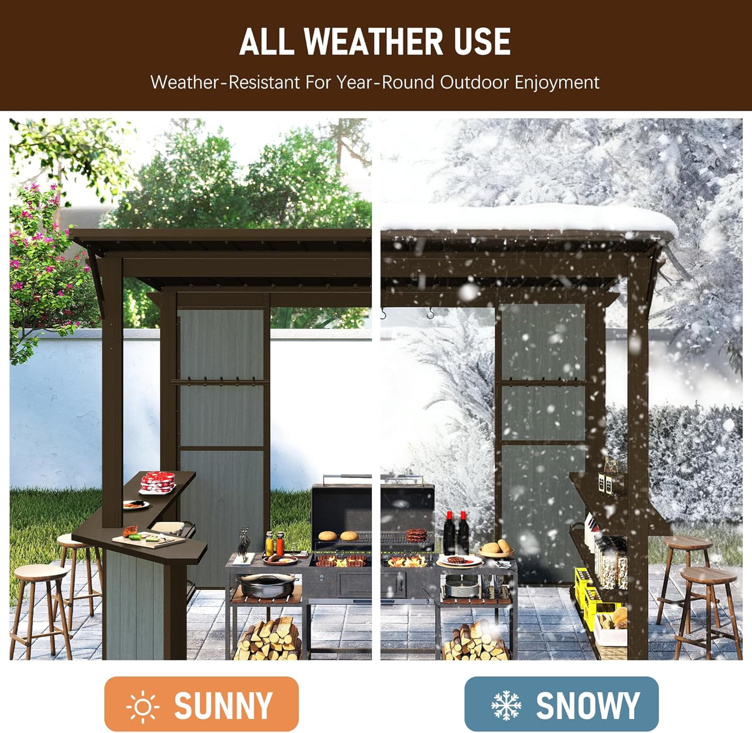Domi 9x10 ft Hardtop Grill Gazebo, Metal BBQ Gazebo with Shelves and Side Platforms, Heavy-Duty Grill Canopy with Sloped Roof for Patio & Backyard, Brown