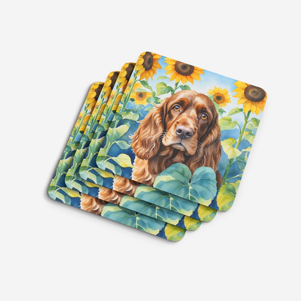 English Cocker Spaniel in Sunflowers Foam Coasters 3.5 in x 3.5 in