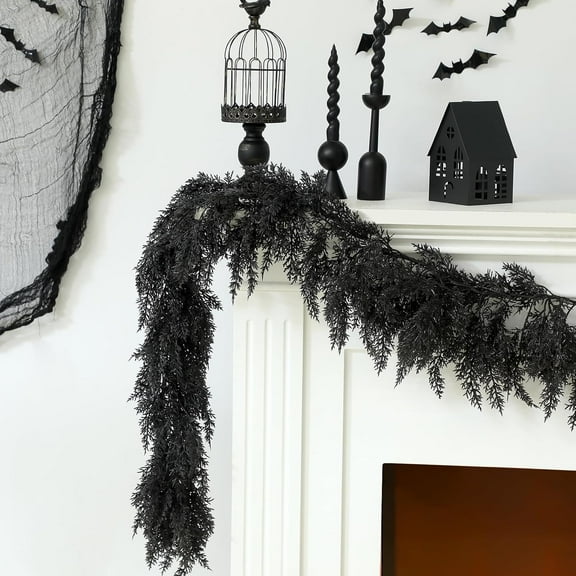 Guvpev Halloween Artificial Cedar Garland - 9FT Halloween Black Faux Cedar Pine Garland Hanging Party Decorations Realistic Halloween Garland for Home, Mantle, Stair, Wall, Indoor Outdoor Decor