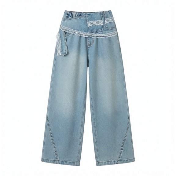 UJNDER Girls Wide Leg Striped Patchwork Lace Straight Pants for Tween Girls Comfortable Kids Bottoms with Frill Overlay Girls Wide Leg Pants,Blue,13-14 Years