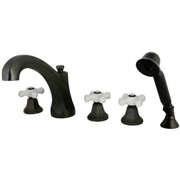 5 Piece Roman Tub Filler with Procelain Cross 3 Handle & Hand Shower, Oil Rubbed Bronze