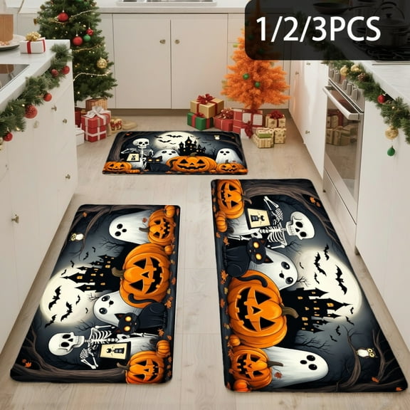 3PCS Kitchen Mat set,Welcome Door Flannel Rug,Home Decor for Front Door,Kitchen, Bathroom,Halloween Pumpkins Ghosts Bats And ,Gifts for family and friends.