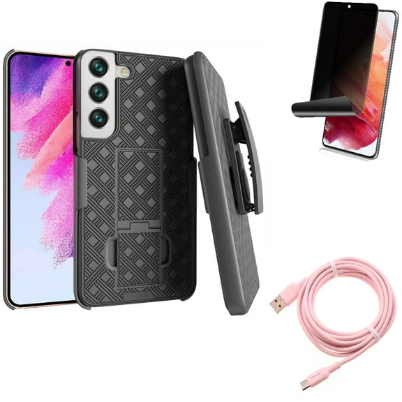 Privacy Screen Protector & 10ft Long USB-C Cable & Case Belt Clip for Samsung Galaxy S22 (6.1") - TPU Film Fingerprint Works & Pink Charger Cord & Holster Swivel Accessory Bundle