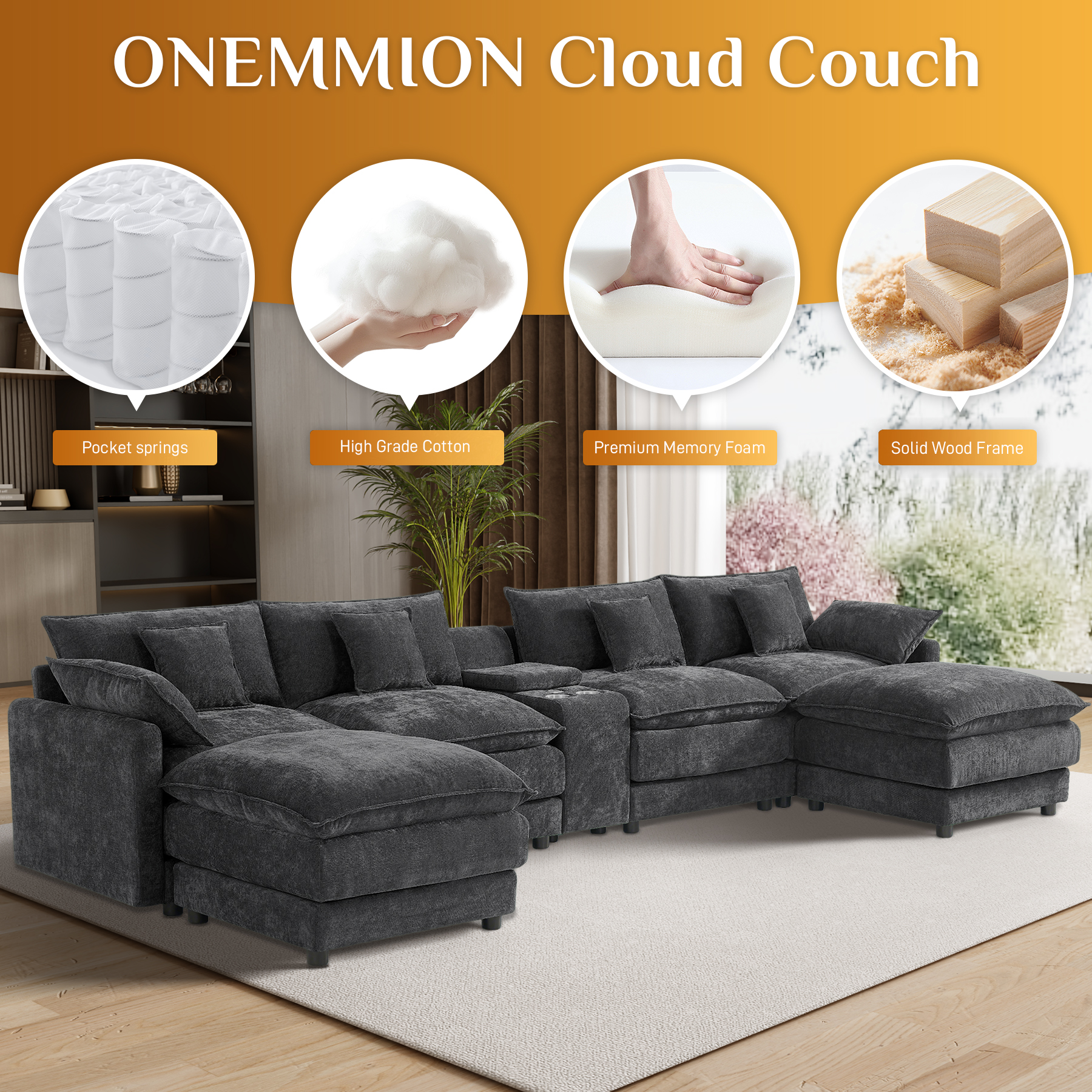 Wiilayok 145" U Shaped Sectional Sofa,Chenille Cloud Modular Sectional Sofa Couch Set with Double Chaise,Central Console,Cup Holder for Living Room,Black