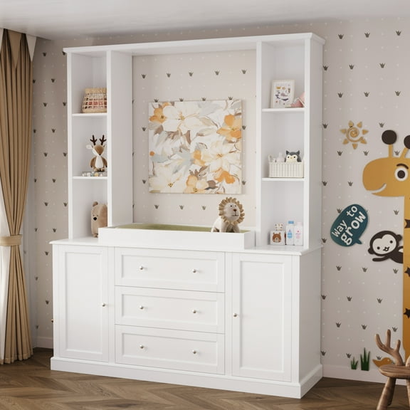 OXYLIFE White Baby Dresser with Removable Changing Table Top, Nursery Dresser with Storage Drawers, Tall Baby Diaper Changing Station, Large Storage Cabinet with Doors and Shelves for Nursery