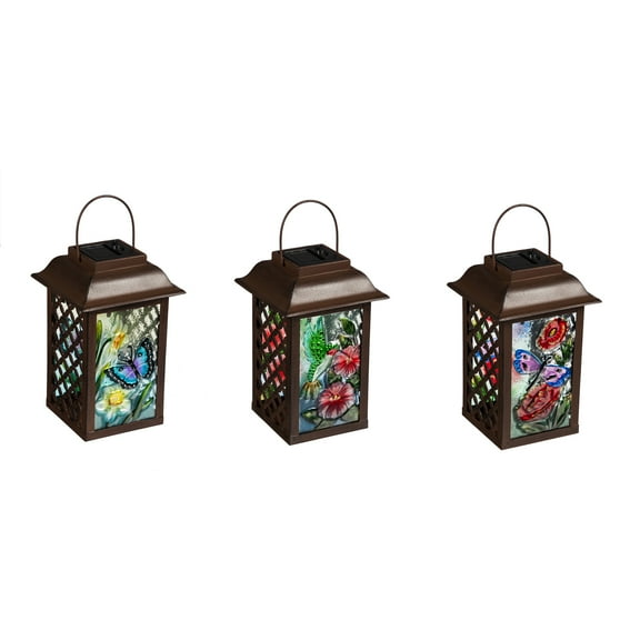Evergreen 3 Asst., 9.4"H Solar Glass and Metal Lantern, Summer Florals, 6'' x 9.5'' x 6'' inches.