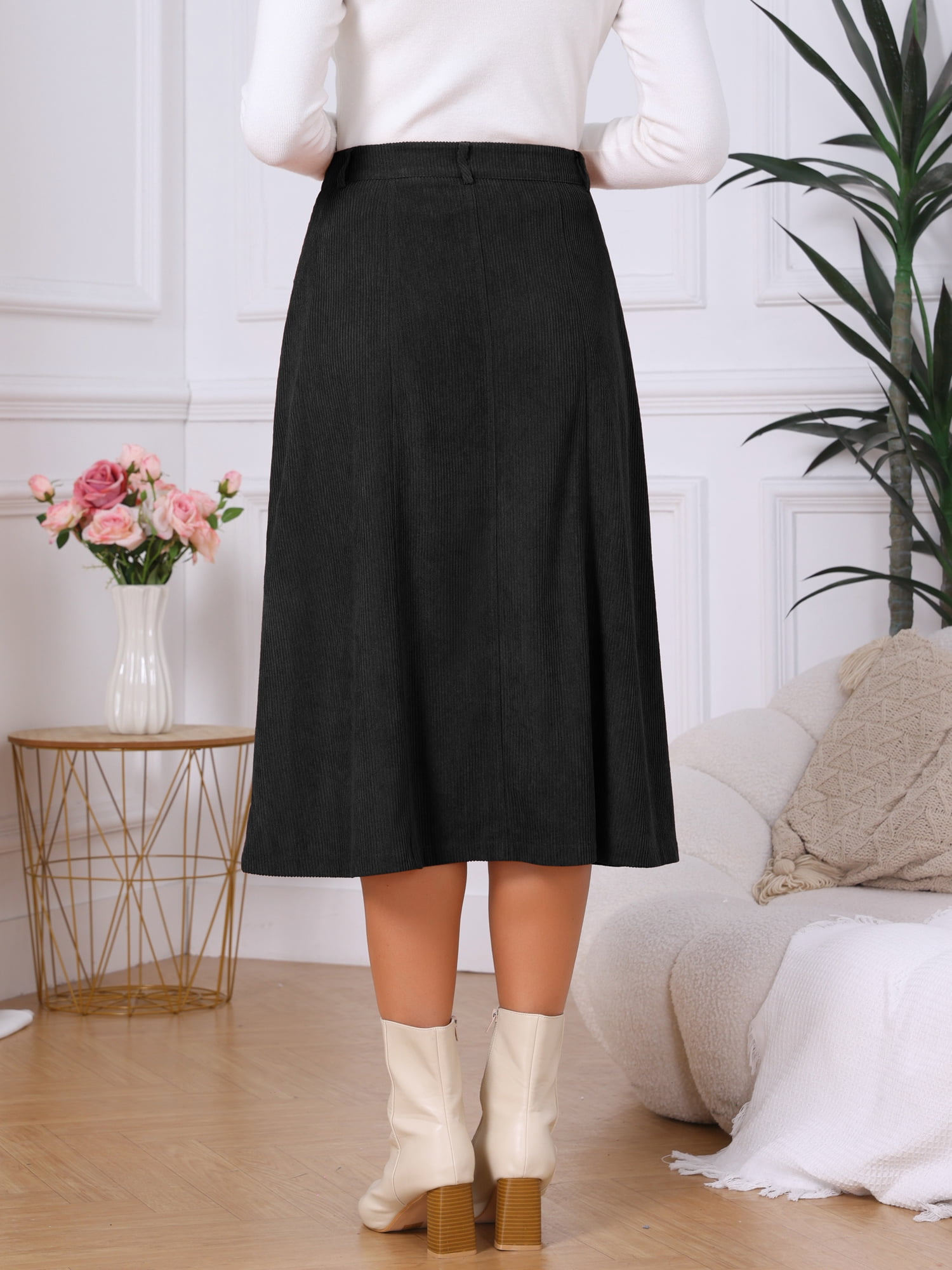 DARING DIVA Women's Corduroy A Line Midi Button Down Pockets Skirt M Black