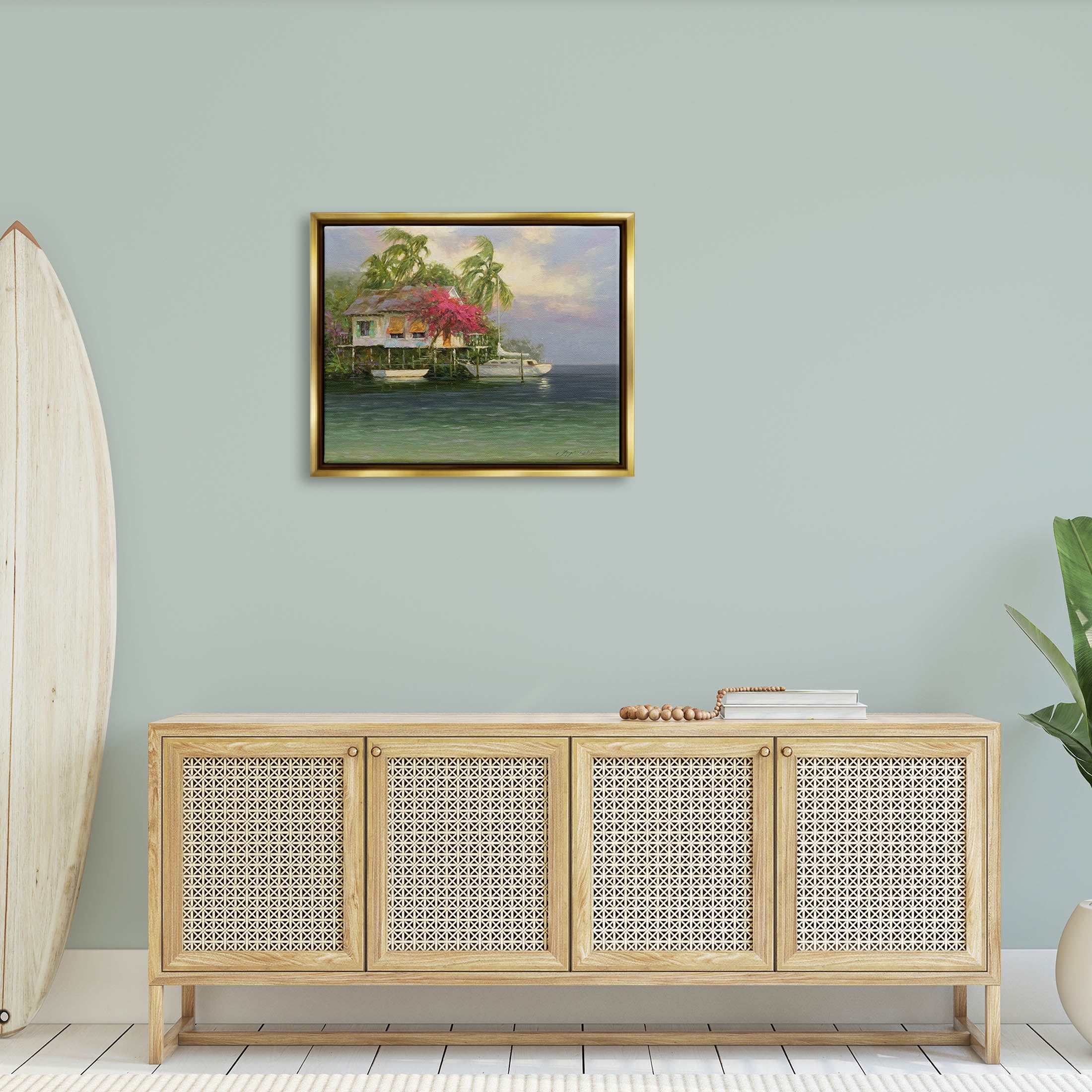 Summer Coastal Vacation Cottage Landscape Painting Metallic Gold Framed Art Print Wall Art