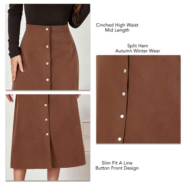 Autumn Skirt, Split Hem Slim Fit Machine Washable Button Front Corduroy Long Skirt For Daily Life Black,Brown