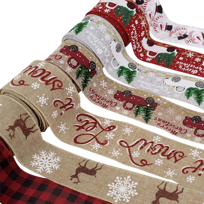 5m/roll Merry Christmas Tree Car Elk Printed Burlap Ribbons For Gift Wrapping Xmas New Year Decoration Handmade Wreath Bows