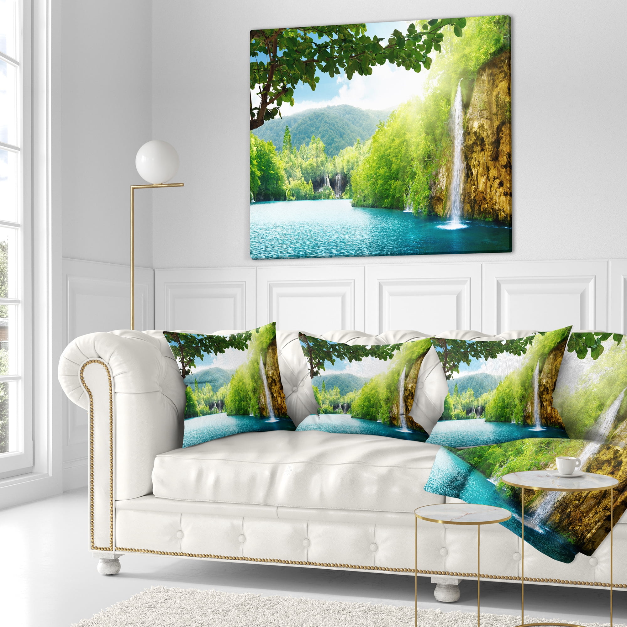 Designart Waterfall in Deep Forest - Landscape Photography Throw Pillow - 16x16
