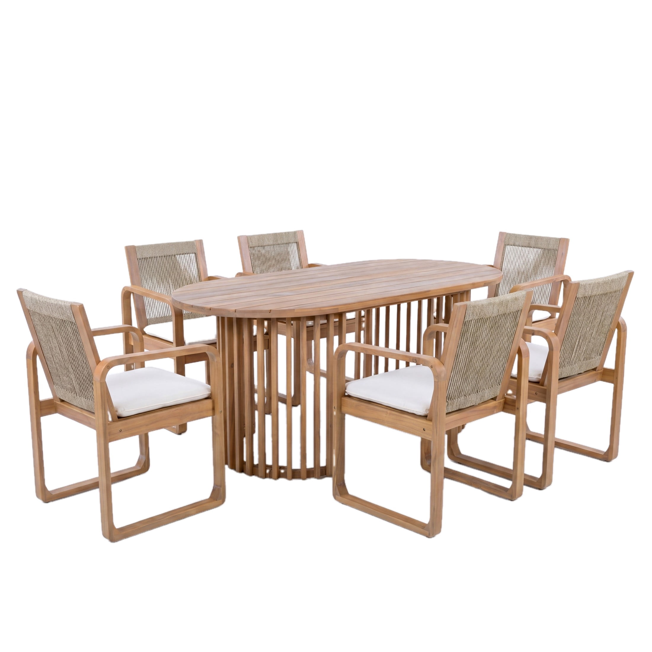 Christopher Knight Home 7-Piece Acacia Wood Patio Dining Set, Table with Rope Back Chairs, Light Teak + Beige