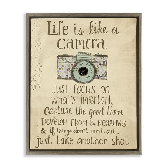 Stupell Industries Life Is Like A Camera Inspirational Inspirational Painting Brown Floater Framed Canvas Art Print Wall Art, 25 x 31