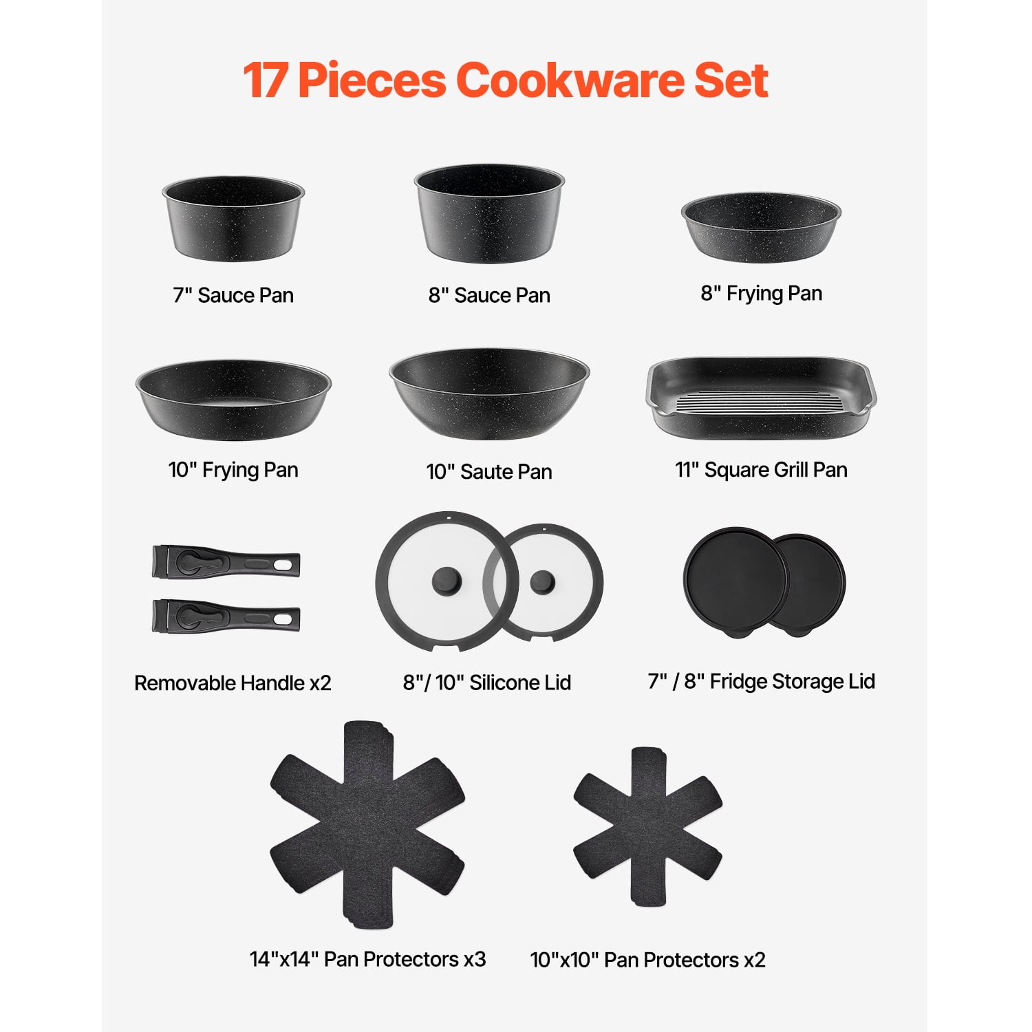 KFFKFF 17-Item Cookware Set, Granite Nonstick with Removable Handles, Compact Induction-Compatible Kitchenware, Ideal for RV Kitchens, Includes Fry, Sauce, Saute Pans, Tempered Glass Covers