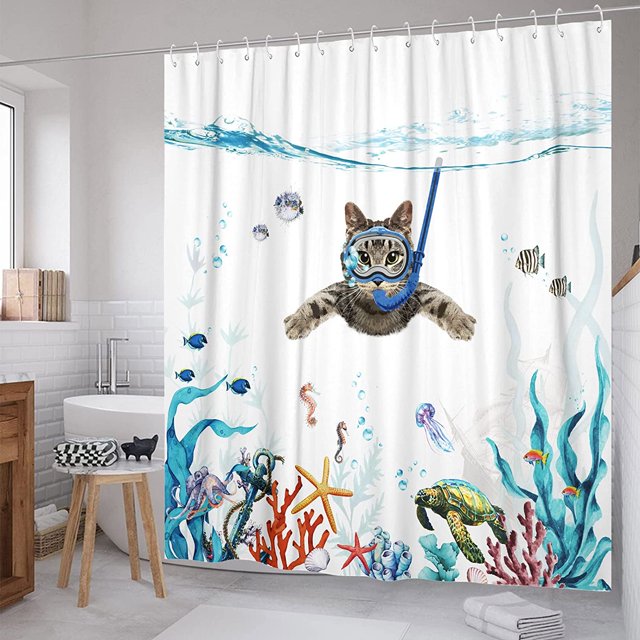 72 x 72 pulgadas, juego de cortinas de ducha de tela impermeable de mar verde azulado con animal pulpo, estrella de mar, tortuga, ancla, pez, decoración náutica para cortina de baño