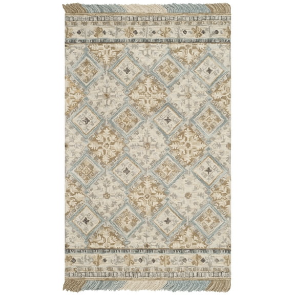 SAFAVIEH Blossom Keighley Geometric Fringe Wool Area Rug, Beige/Light Blue, 5' x 8'