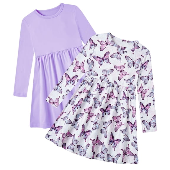 Lanbubble Toddler Girls Long Sleeve Dresses 2 Pack A-Line Casual Play Dresses 2-3T
