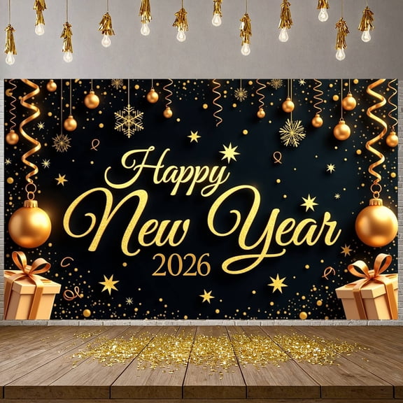Gold Theme Happy New Year Banner Festive New Year Display Snowflake Pattern Star Decor 2026 Backdrop for New Year Party 2026 Celebration Holiday Gathering
