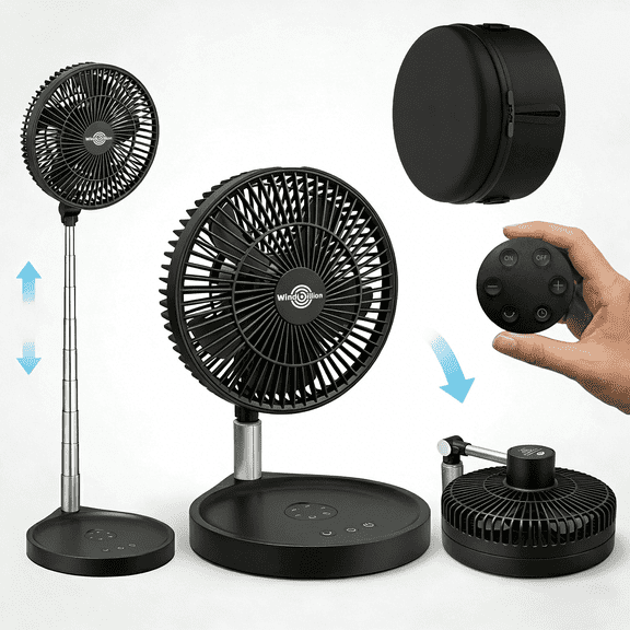 WindBillion 10 in Portable Rechargeable Fan, Cordless Foldable Standing and Desk Fan, 4 Speeds, Usb-C, Black