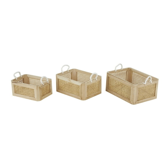 DecMode 16", 15", 13"W Brown Rattan Woven Storage Basket with Rope Handles, 3-Pieces