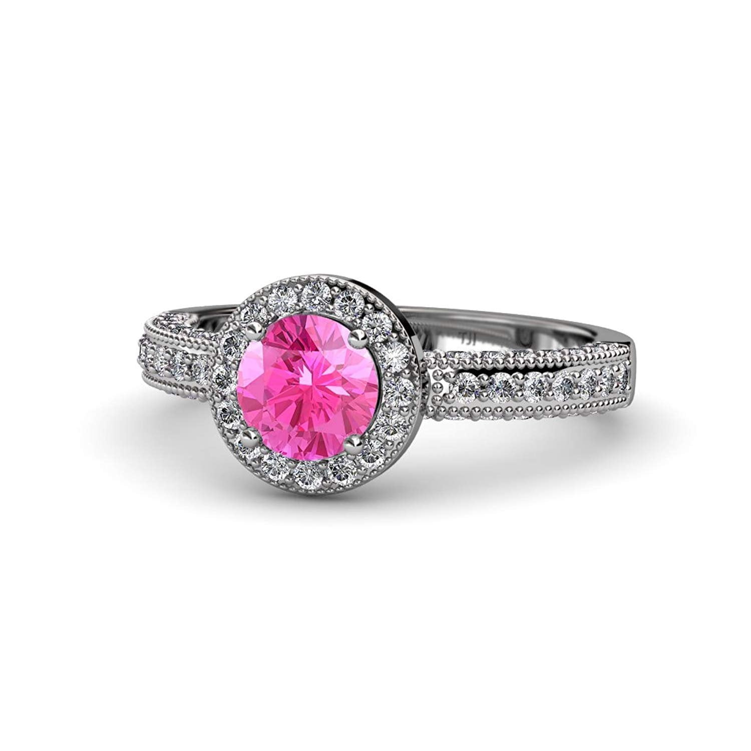 Pink Sapphire and Diamond Milgrain Work Halo Engagement Ring 1.44 ct tw in 14K White Gold.size 7.0 by TriJewels
