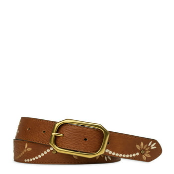 Time and Tru Women's Embroidered Faux Leather Belt, Brown