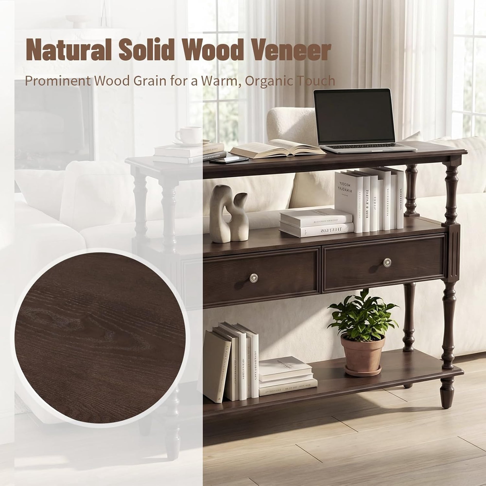 BFJDM Mid-Century Console Table with 2 Drawers and 3-Tier Open Shelves Solid Wood Veneer Rubber Wood Legs for Entryway Living Room Walnut