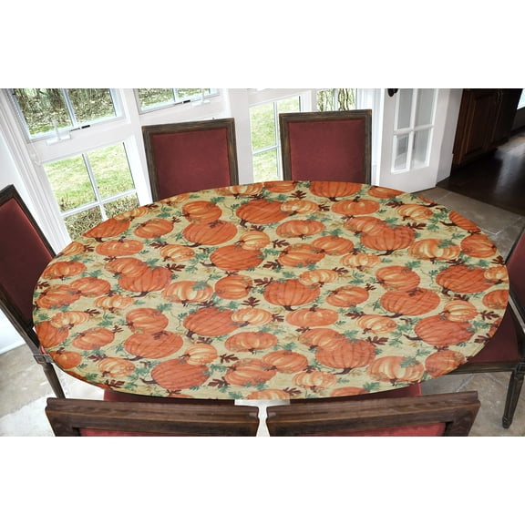 Covers For The Home Deluxe Elastic Edged Flannel Backed Vinyl Fitted Table Cover - Pumpkin All Over Pattern - Oblong - Fits 48”W to 68”L
