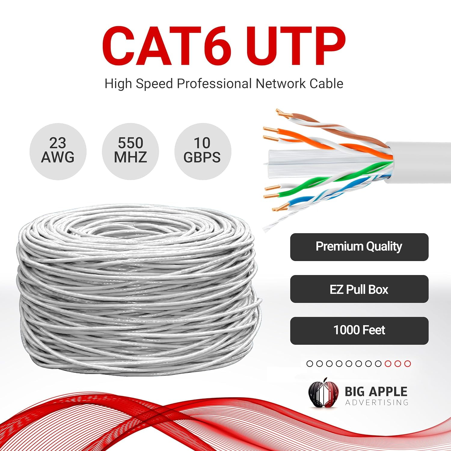 Big-A - Bulk Cat6 Cable 1000ft 23AWG Solid 4 Pair, Cat 6 Ethernet Cable Unshielded Twisted Pair (UTP), (CMR) 550MHz Internet Cord, Pull Box - White