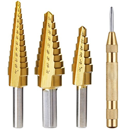 High-Speed Steel Step Drill Bit Set with Automatic Spring Loaded Center Punch Power Tools with Titanium Coated MIMIVIVA Step Drill Bit 4Pcs Set 