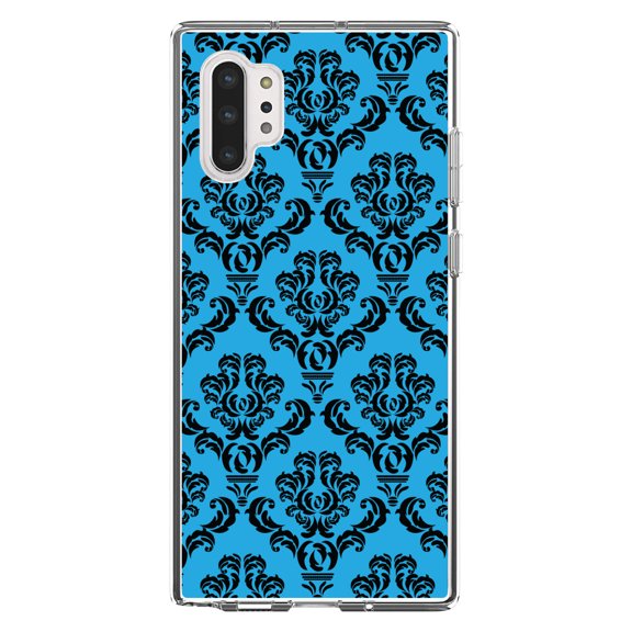 DistinctInk Clear Shockproof Hybrid Case for Galaxy Note 10 PLUS (6.8" Screen) - TPU Bumper, Acrylic Back, Tempered Glass Screen Protector - Blue Black Damask Pattern - Floral Damask Pattern