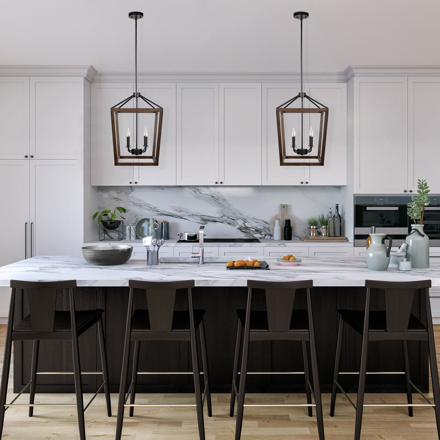 Globe Electric 4-Light Matte Black Pendant with Faux Wood Accent, Bulbs Included, 61036