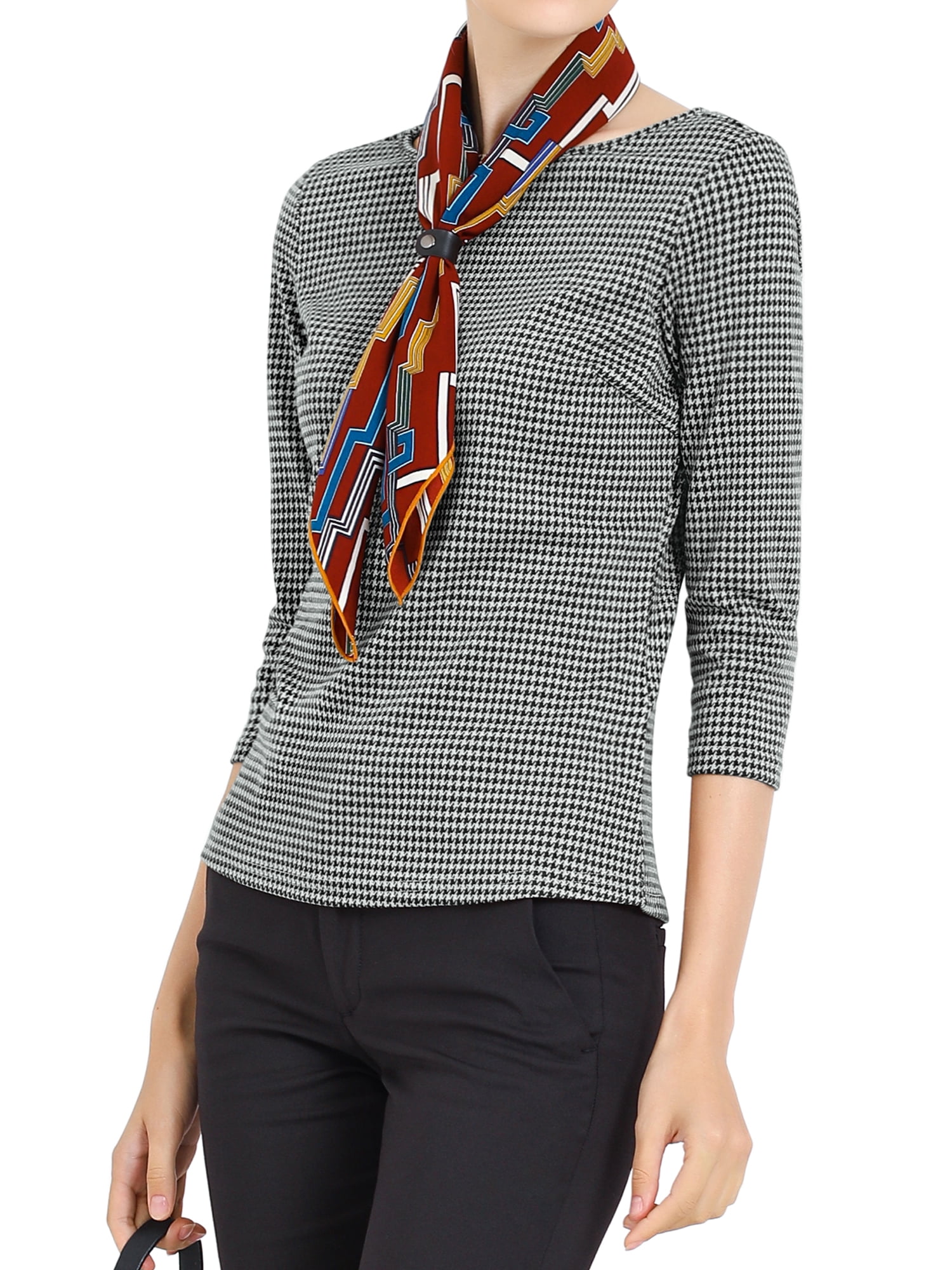 Unique Bargains Women's Work Office 3/4 Sleeve Boat Neck Houndstooth Top L Black