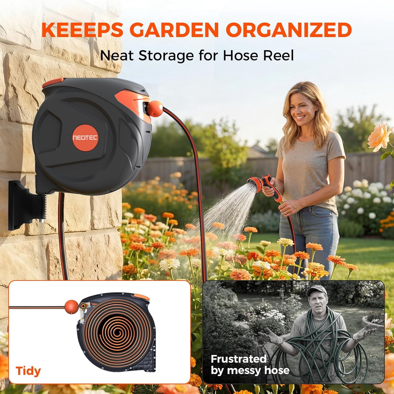 NEOTEC 100ft 1/2 Inch Retractable Garden Hose Reel-Wall Mounted Auto Slow Return Hose Reel with Any-Length Lock, 180° Swivel Bracket-Heavy Duty 3-Layer PVC Hose for Yard