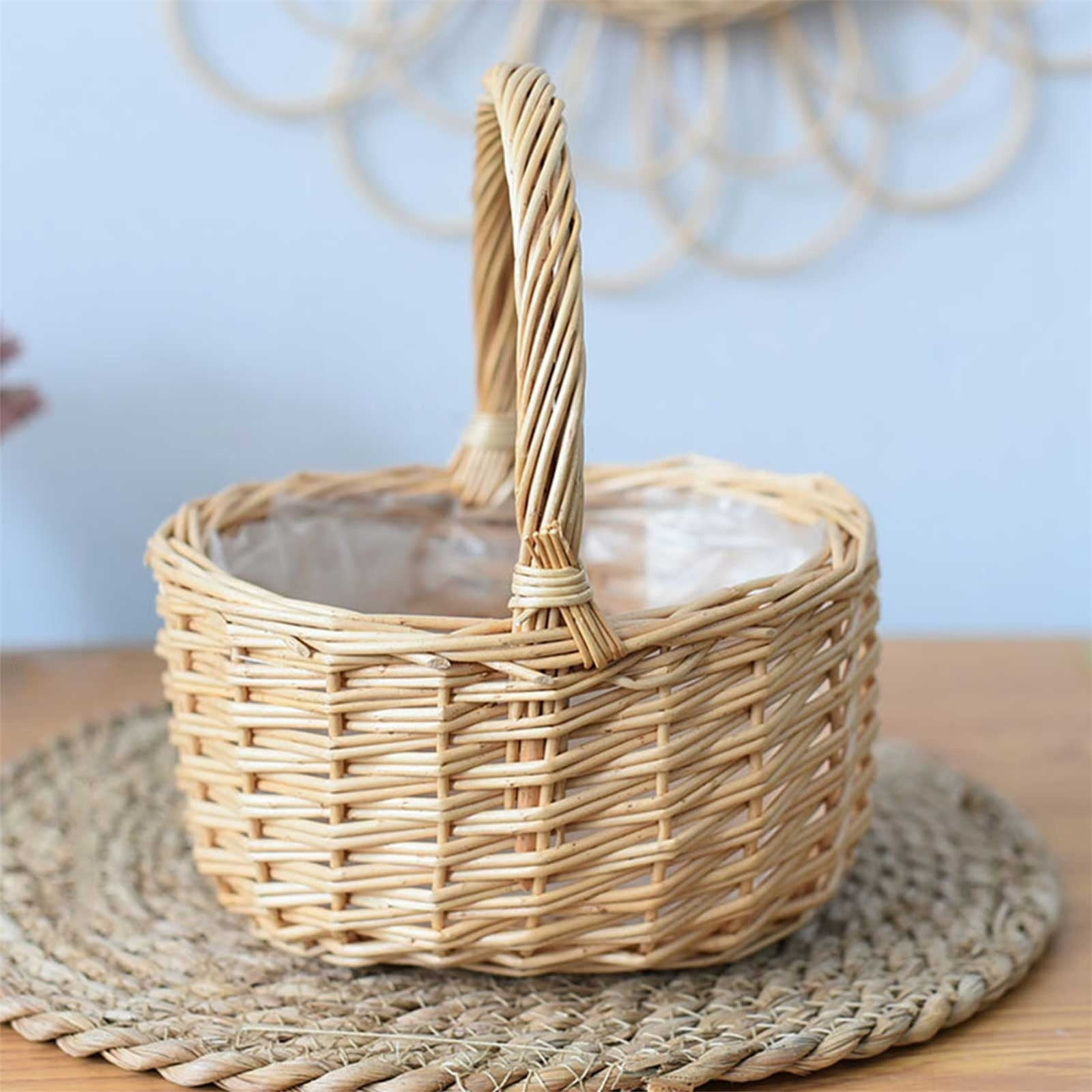 Kjfeif Handwoven Rattan Basket with Handles, Multi‑Function Round Container for Easter, Picnic, Wedding, Fruit Storage and Home Garden Decoration