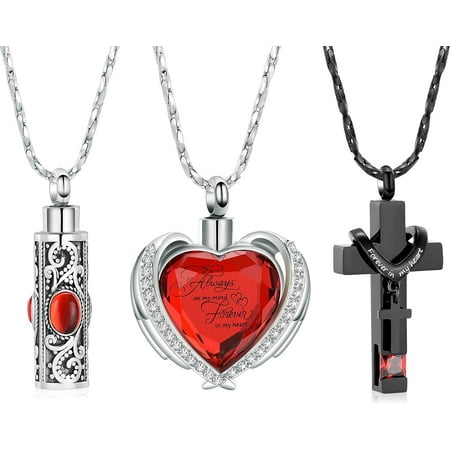 3 Pieces Cremation Urn Necklace for Ashes Keepsake Cremation Jewelry Crystal Heart/Cross/Cylinder Urn Necklace Memorial Pendant for Women Men Loved Ones
