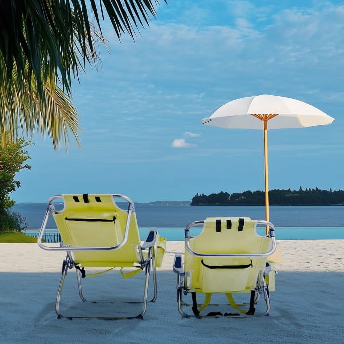 63*65*82cm Short Oxford Cloth Silver White Aluminum Tube Bearing 100kg Beach Chair with Cup Holder Storage Pouches Yellow