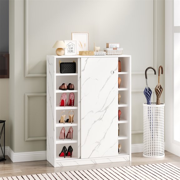 Huisuilinss Shoe Cabinet Storage for Entryway,6-Tier Shoe Storage Cabinet with Sliding Door and Adjustable Shelves,47.2'' Tall Free Standing Shoes Organizer Marble Style Cabinet Up To 30 Pairs
