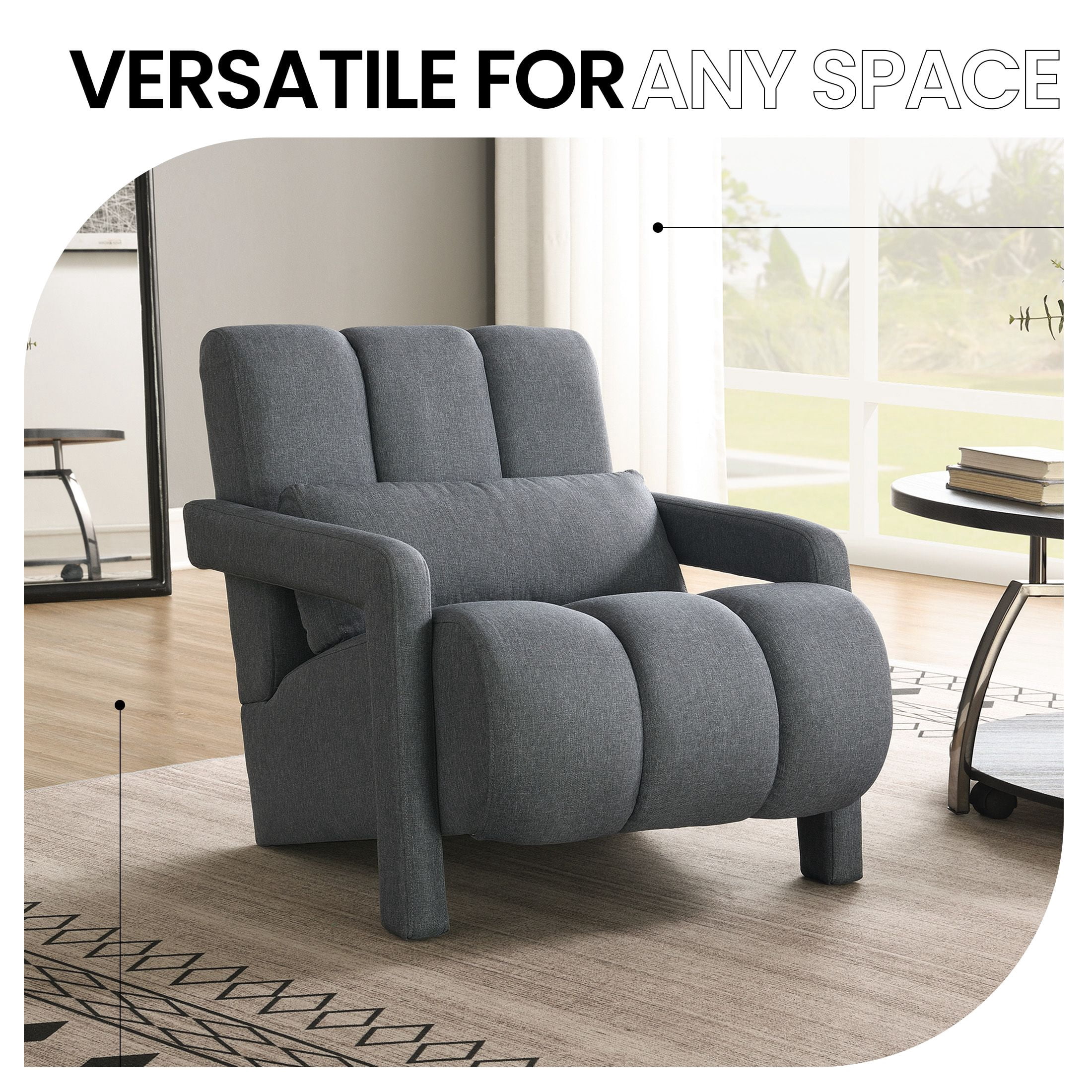 Aukfa Upholstered Accent Chair with Pillow, Mid Century Armchair for Living Room Bedroom, Linen, Gray