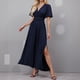 thumbnail image 2 of Vestido largo elegante de cuello en V y cintura alta para mujer: mangas plisadas, abertura lateral, fruncido, vestido de noche para bodas y fiestas., 2 of 5