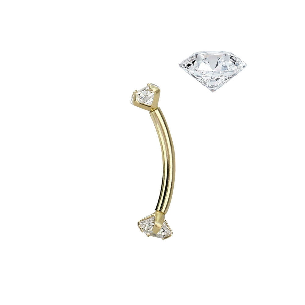 Eyebrow Ring Curved Barbell 14K Solid Gold with Prong Star Cubic Zirconia 