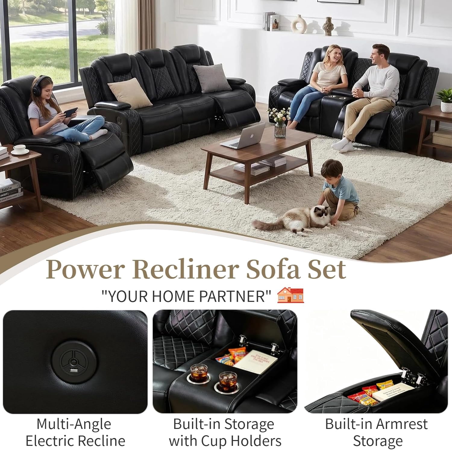 Power Reclining Leather Sofa Set, 3 Pieces Living Room Couch with LED, USB Ports, Cup Holders and Armrest Storage, Black